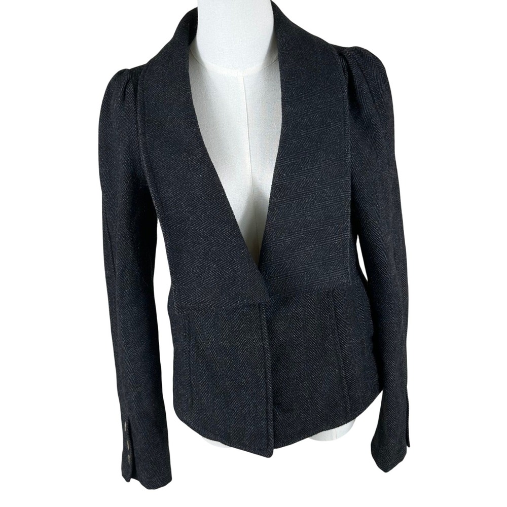 Free People Wool Blazer Jacket Women Charcoal Herringbone Puff Sleeve Fits Small